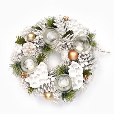 Woodland Frost White Glistening Pine Cone Tea Light Candle Holder Centre Piece