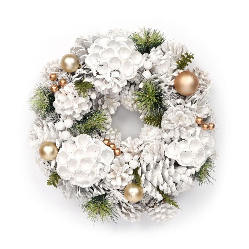 Frosty White, silver and gold Christmas wreath festive home decoration.