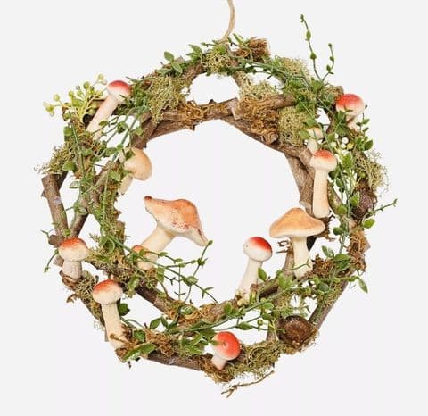 Woodland Mushroom Wreath – Rustic Christmas Wreath with Moss & Twigs (35cm)