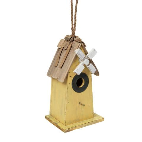 Yellow Wooden Bird House - Rustic Little Windmill Hanging Bird House Garden Feeder