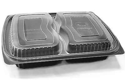Black Rectangular 2 Compartment Plastic Microwavable Container / Clear Lids Tray