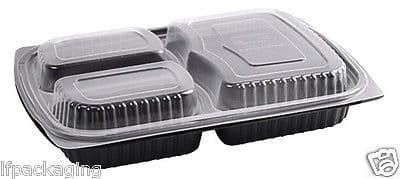 Black Rectangular 3 Compartment Plastic Microwavable Container / Clear Lids Tray