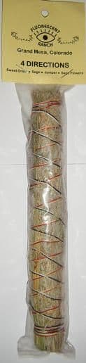 4 Directions 8" Smudge Stick: Sweetgrass, Sage, Juniper & Sage Flower Mix by "Fluorescent Ranch"