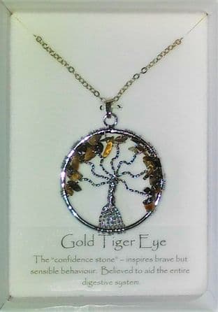 Tree of Life Gemstone Pendant - Gold Tiger Eye