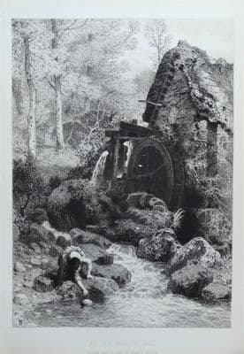 AN OLD ENGLISH MILL, Birket Foster original etching antique print 1880