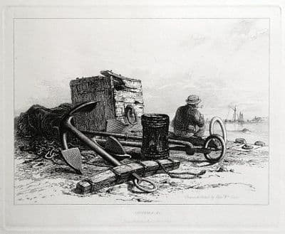 ANCHORS, QUAYSIDE SCENE, E.W.Cooke antique ship maritime print 1829