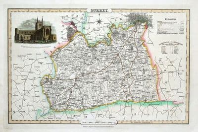 Antique County Map SURREY & LONDON James Pigot Original Hand Coloured  c1830