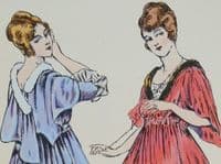 ANTIQUE FASHION PRINT 2 House Dresses Art Nouveau large Old Vintage Pochoir 1915