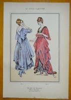 ANTIQUE FASHION PRINT 2 House Dresses Art Nouveau large Old Vintage Pochoir 1915