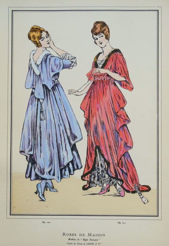 ANTIQUE FASHION PRINT 2 House Dresses Art Nouveau large Old Vintage Pochoir 1915