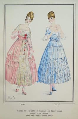 ANTIQUE FASHION PRINT Crepe & Lace Dresses Art Nouveau Old Vintage Pochoir 1915