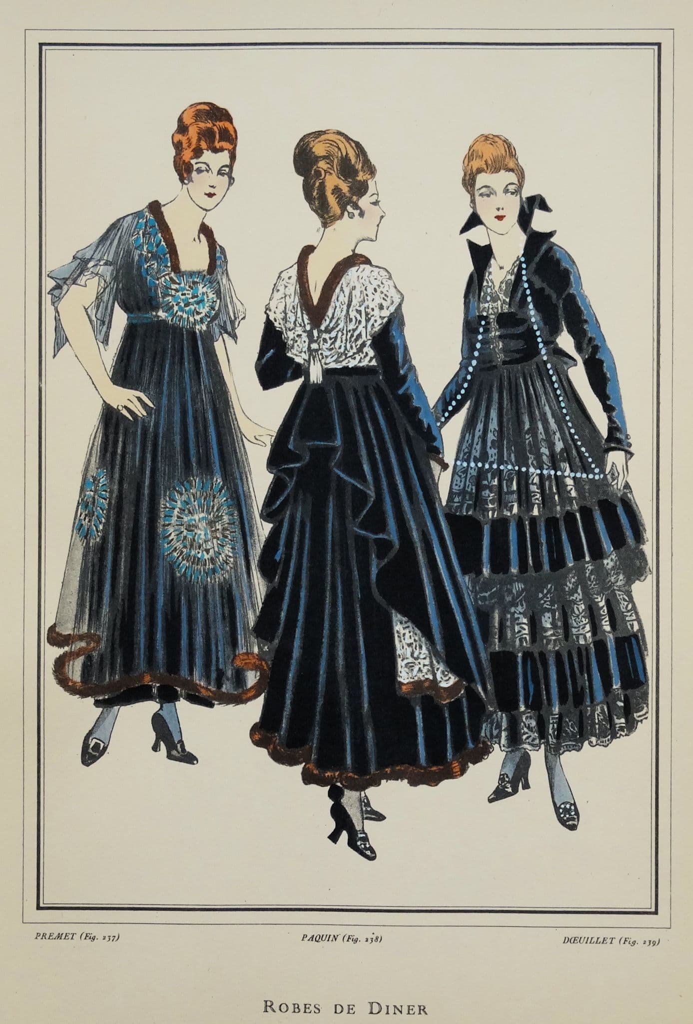 ANTIQUE FASHION PRINT Dinner Dresses Art Nouveau large Old Vintage
