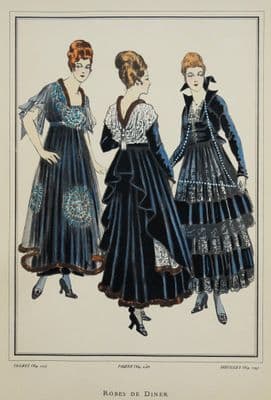 ANTIQUE FASHION PRINT Dinner Dresses Art Nouveau large Old Vintage Pochoir 1915