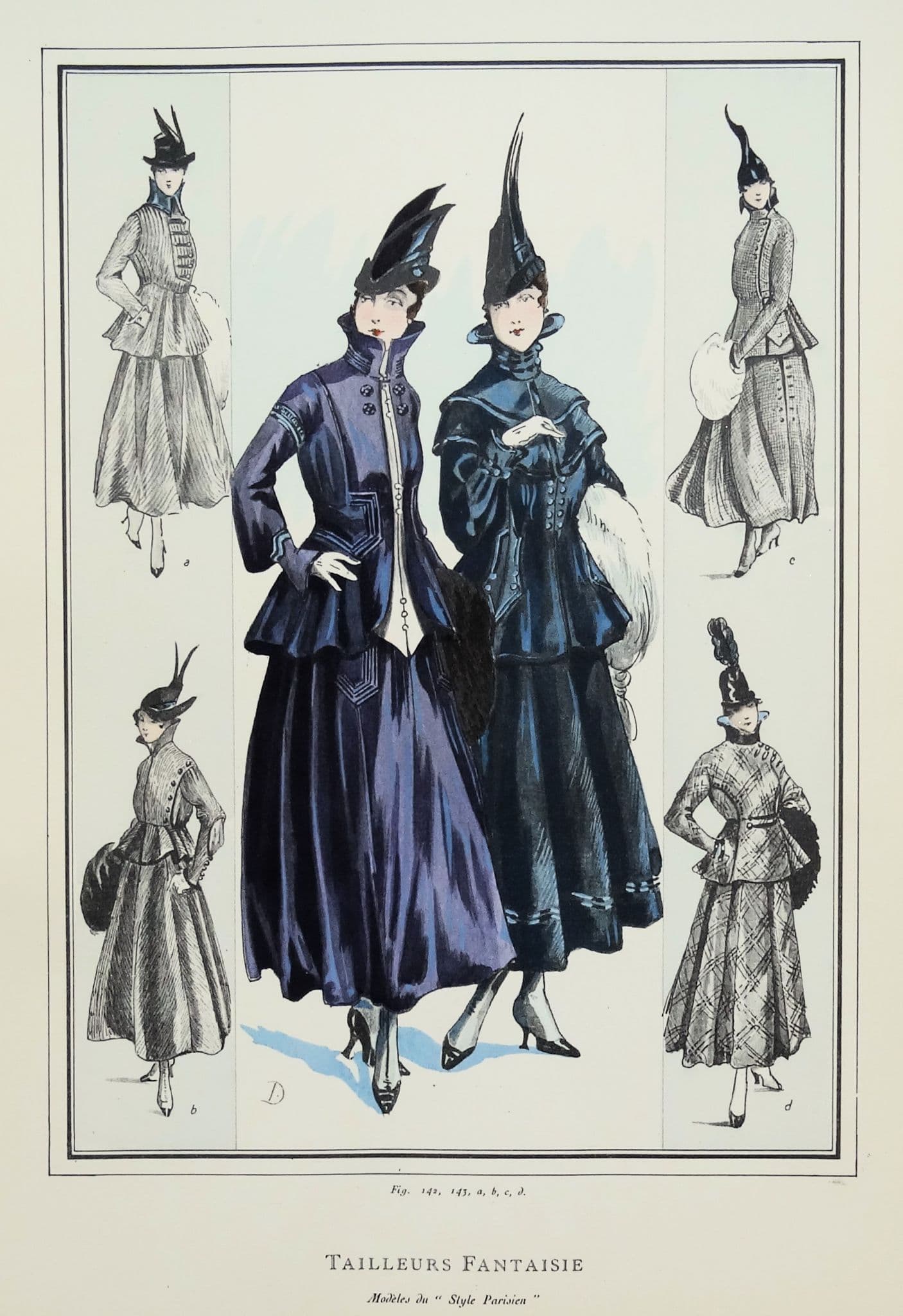 ANTIQUE FASHION PRINT Fancy Outfits Art Nouveau Large Vintage Pochoir 1915