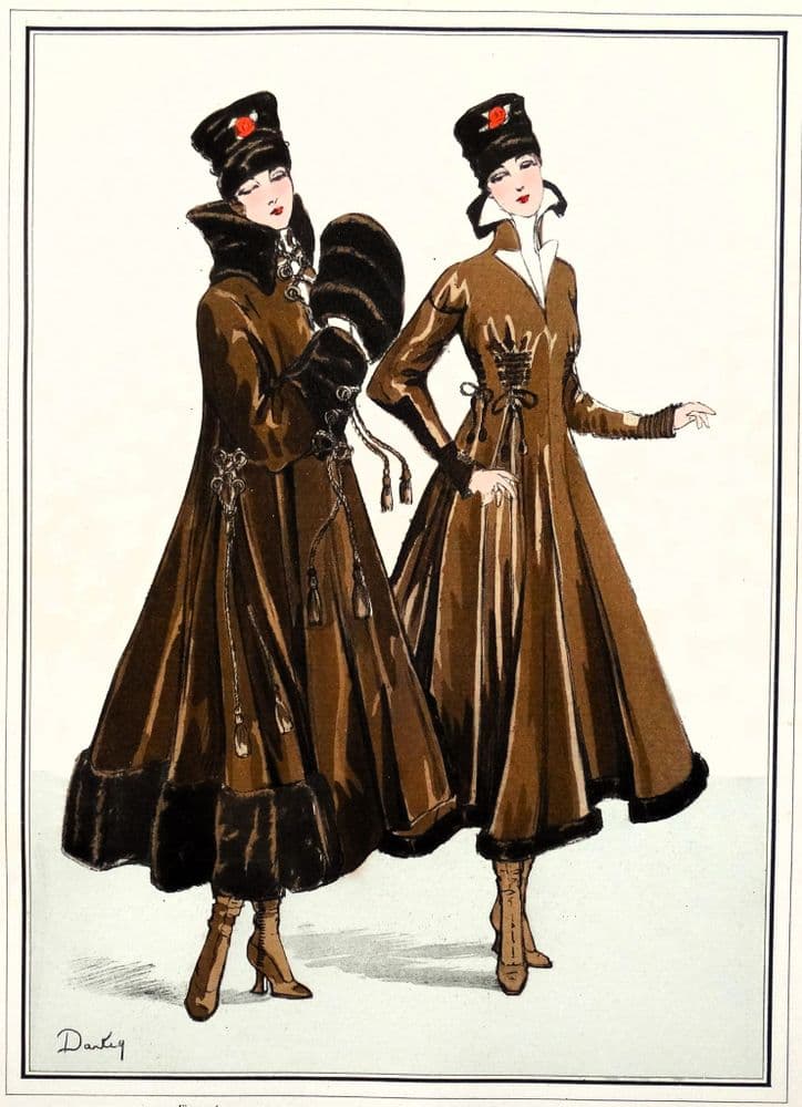 ANTIQUE FASHION PRINT Fur Trim Dress Coat Art Nouveau large