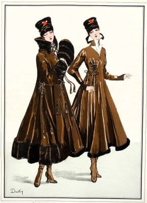 ANTIQUE FASHION PRINT Fur Trim Dress Coat Art Nouveau large Vintage Pochoir 1915