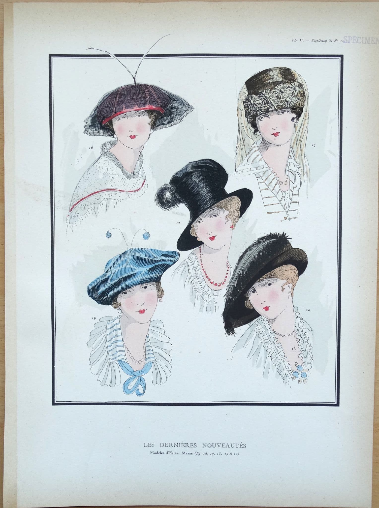 Antique Fashion Print HAT DESIGNS Original Esther Meyer Art