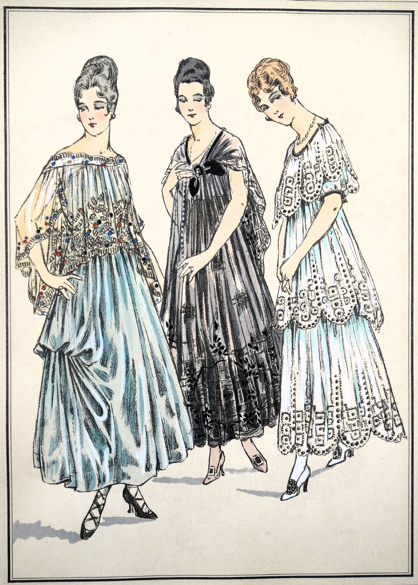 ANTIQUE FASHION PRINT House Dresses Art Nouveau large Old Vintage Pochoir  1915