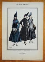 ANTIQUE FASHION PRINT Laced Dresses Large Art Nouveau Old Vintage Pochoir 1915