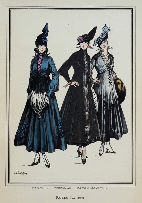 ANTIQUE FASHION PRINT Laced Dresses Large Art Nouveau Old Vintage Pochoir 1915