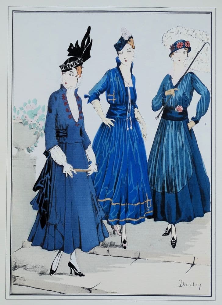 ANTIQUE FASHION PRINT Ladies Blue Dresses Large Art Nouveau Old Vintage  Pochoir 1915