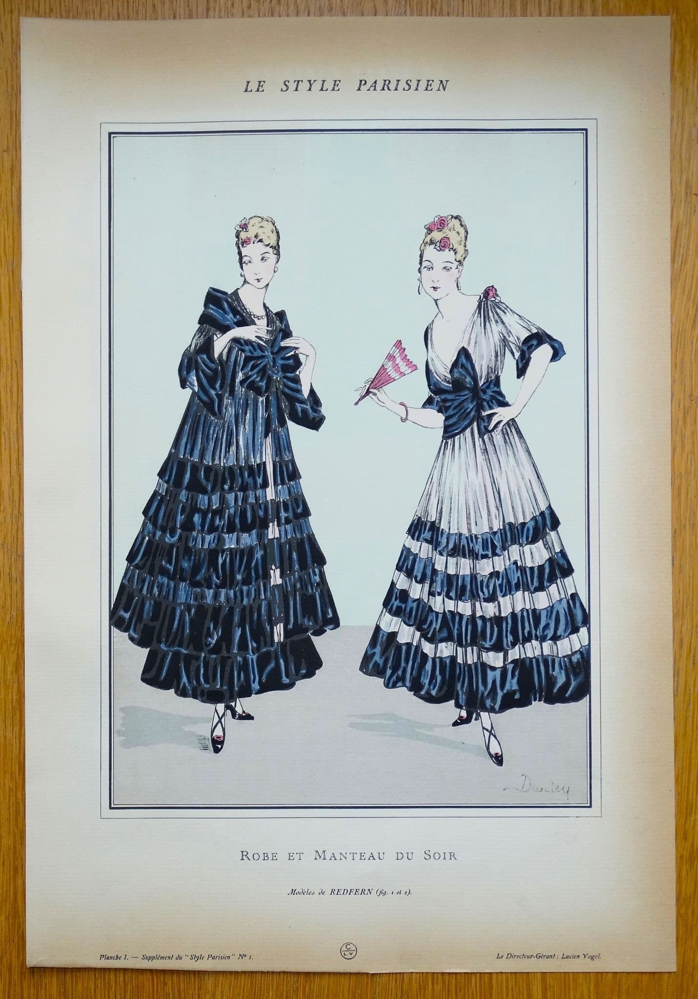 ANTIQUE FASHION PRINT Ladies Evening Dress Large Art Nouveau Old Vintage  Pochoir 1915