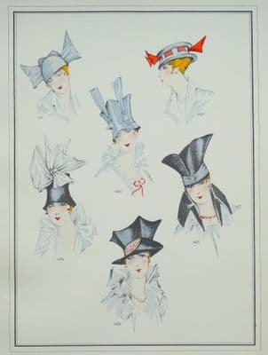 ANTIQUE FASHION PRINT Ladies Hats & Ribbons Large Art Nouveau Old Vintage Pochoir 1915