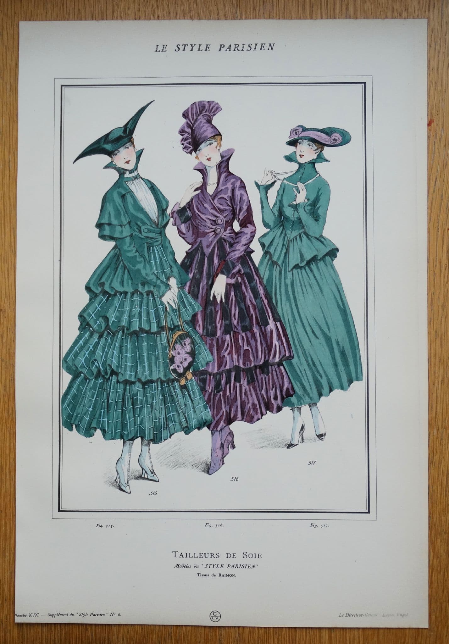 ANTIQUE FASHION PRINT Ladies Silk Dresses Large Art Nouveau Old