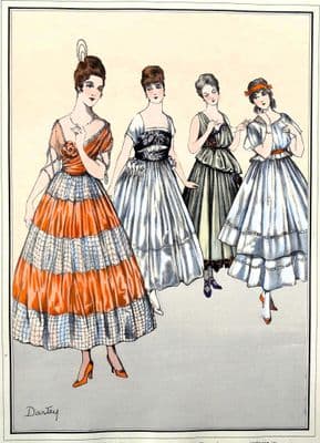 ANTIQUE FASHION PRINT Paris Party Dress Art Nouveau Large Old Vintage Pochoir Print 1915