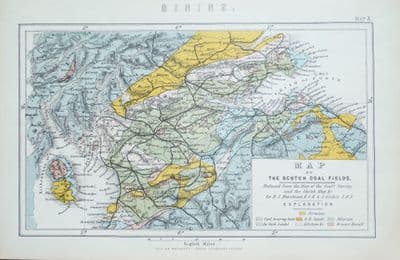 Antique Geological Map Scotland  SCOTTISH COAL FIELDS Original Colour Print 1885