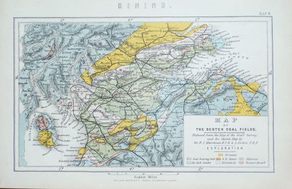 Antique Geological Map Scotland  SCOTTISH COAL FIELDS Original Colour Print 1885