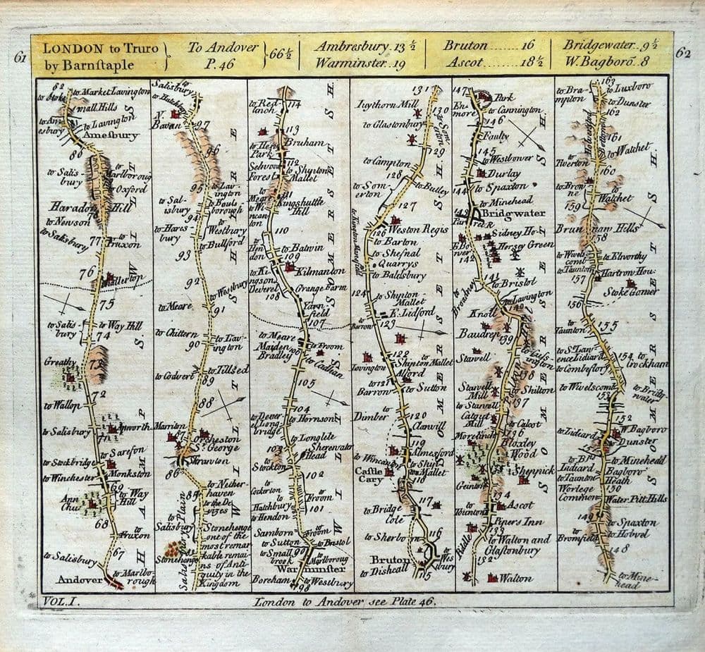Antique Map ANDOVER AMESBURY STONEHENGE WARMINSTER DUNSTER Strip Road ...