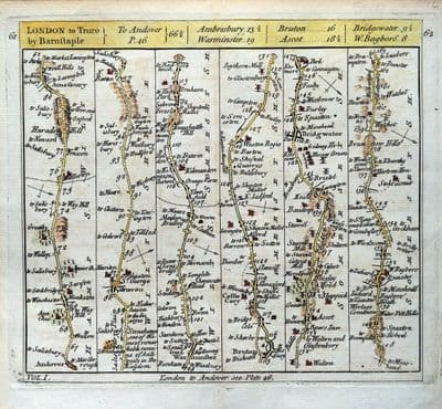 Antique Map ANDOVER AMESBURY STONEHENGE WARMINSTER DUNSTER  Strip Road Map c1782