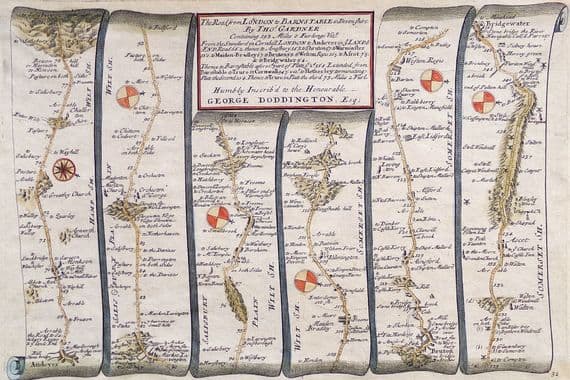 Antique Map ANDOVER WARMINSTER BRIDGWATER Bruton Ansford Market Lavington Gardner strip road 1719