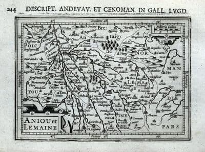 Antique Map ANGERS, LE MANS, TOURS, CAEN, LAVAL, SAUMUR, FRANCE, BERTIUS 1618