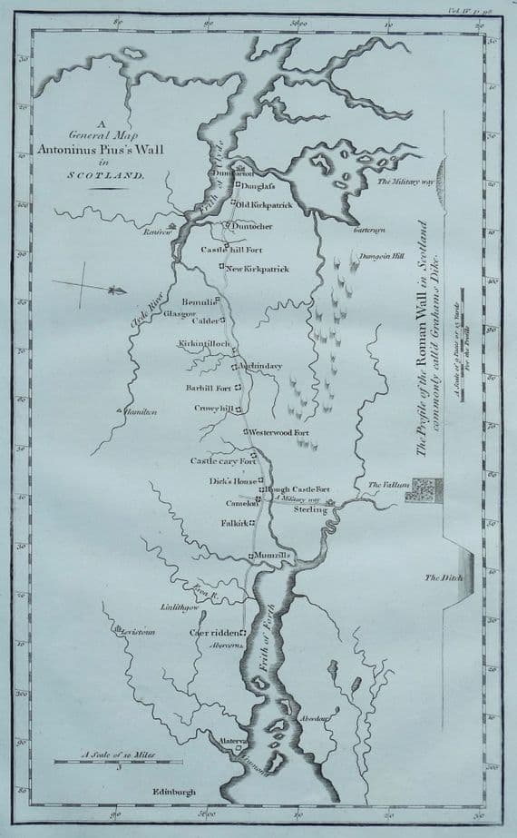 Antique Map ANTONINE WALL, SCOTLAND Roman Camps Original Cary, Camden 1806