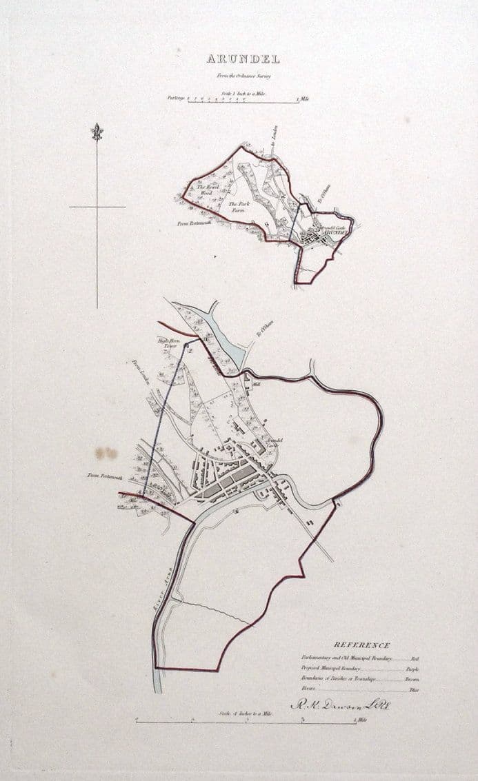 Antique Map ARUNDEL SUSSEX ENGLAND Street Plan Dawson Original map 1832