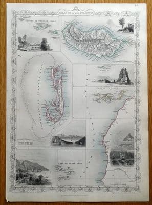 Antique Map ATLANTIC ISLANDS, BERMUDA, MADEIRA, CANARIES, RAPKIN & TALLIS c1850