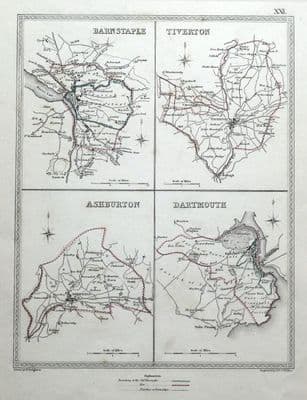 Antique Map BARNSTAPLE,TIVERTON, ASHBURTON,DARTMOUTH, Devon Town Plans, Lewis 1835