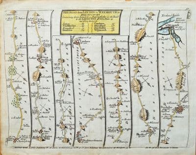 Antique Map BASINGSTOKE, DUNKTON, BLANDFORD,WEYMOUTH Senex Strip Road Map c1749