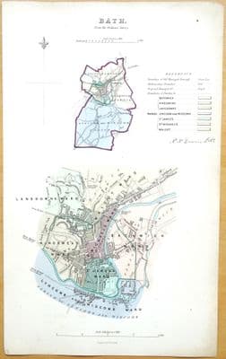 Antique Map BATH , Somerset,Original Hand Coloured City Street Plan, Dawson 1832