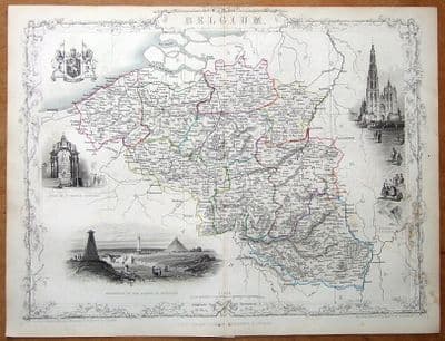 Antique Map BELGIUM, RAPKIN & TALLIS original hand coloured illustrated map c1850
