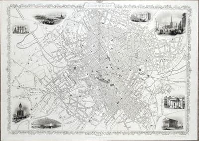 Antique Map BIRMINGHAM, ENGLAND Street Plan RAPKIN & TALLIS original  illustrated map c1850