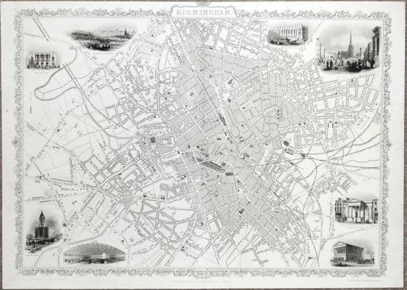 Antique Map BIRMINGHAM, ENGLAND Street Plan RAPKIN & TALLIS original  illustrated map c1850