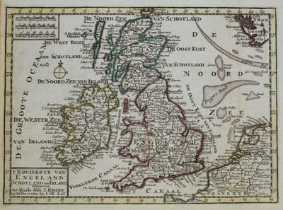 Antique Map BRITISH ISLES Britain,  Jacob Keiser, Jan de Lat, original  1770