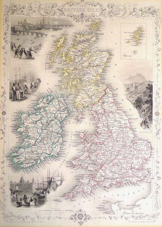 Antique map BRITISH ISLES, Britain, UK, Original Rapkin & Tallis old c1850