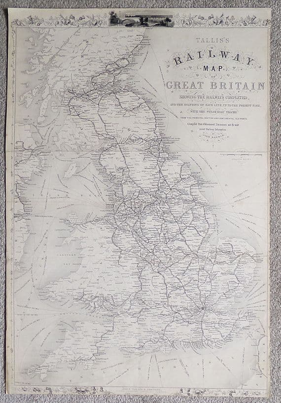 Antique map BRITISH ISLES, Great Britain Railways Original Rapkin & Tallis c1850