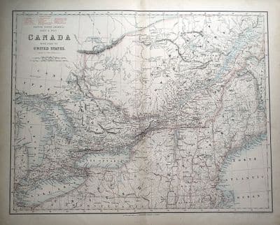 Antique Map BRITISH NORTH AMERICA, CANADA, USA, RAILWAYS, Fullarton large format c1865