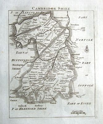 Antique Map CAMBRIDGESHIRE, John Rocque, England Displayed,  1769