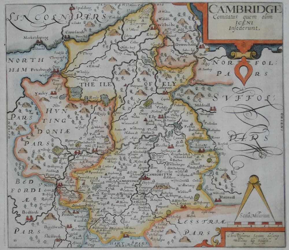 Antique Map CAMBRIDGESHIRE Saxton & Kip Camden original 1637